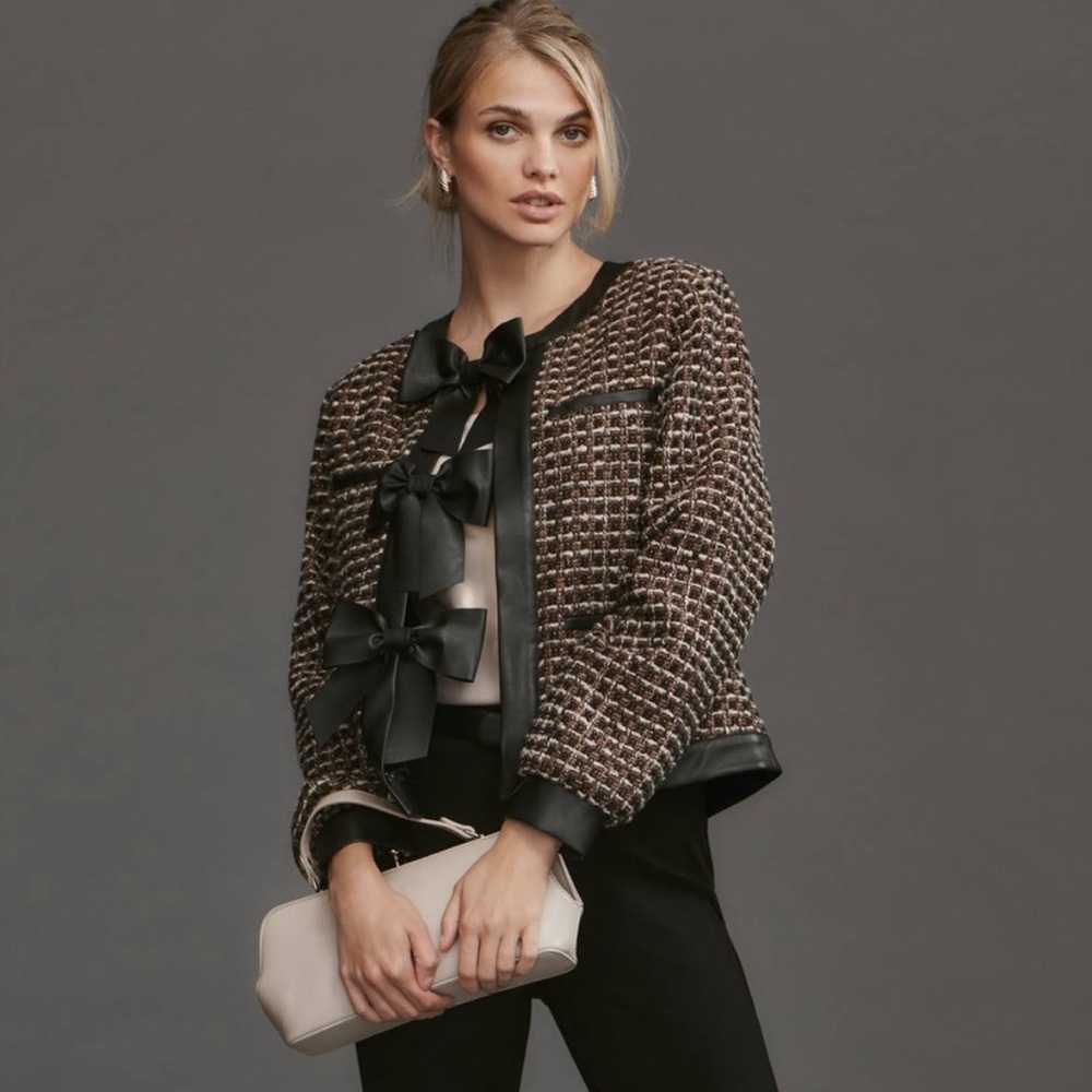 Anthropologie Tweed Vegan Leather Trimmed Jacket with bows (L) - Picture 2 of 6